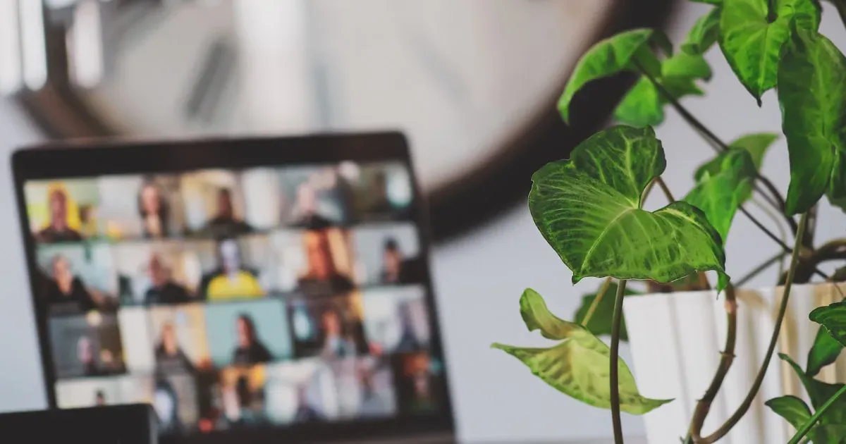 Notebook com videochamada de equipe ao lado de uma planta