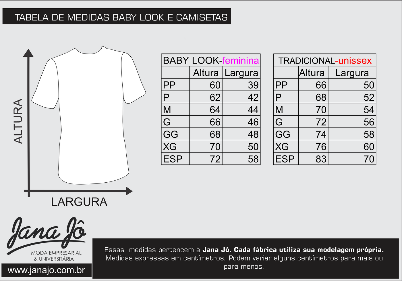 Tabela de medidas Baby Look e Camisetas — Jana Jô