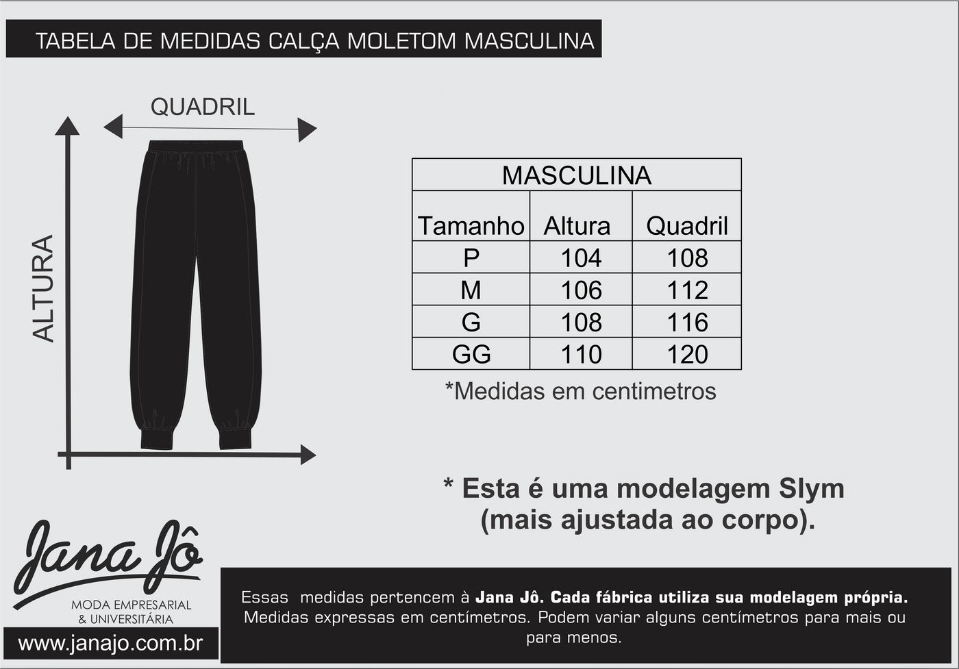 Tabela de medidas Calça Moletom Masculina — Jana Jô