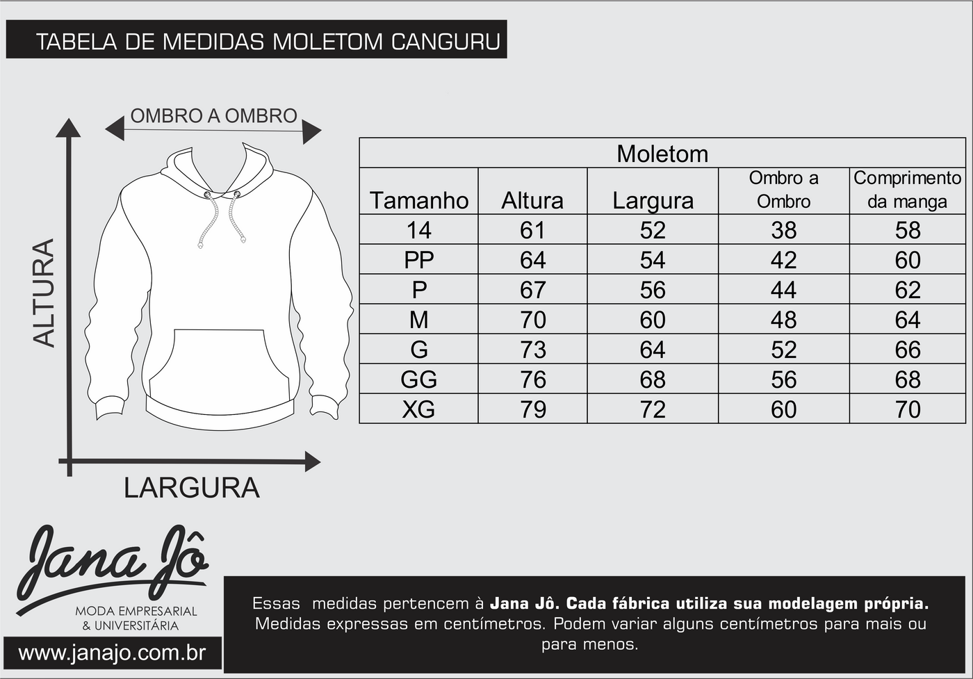 Tabela de medidas Moletom Canguru — Jana Jô