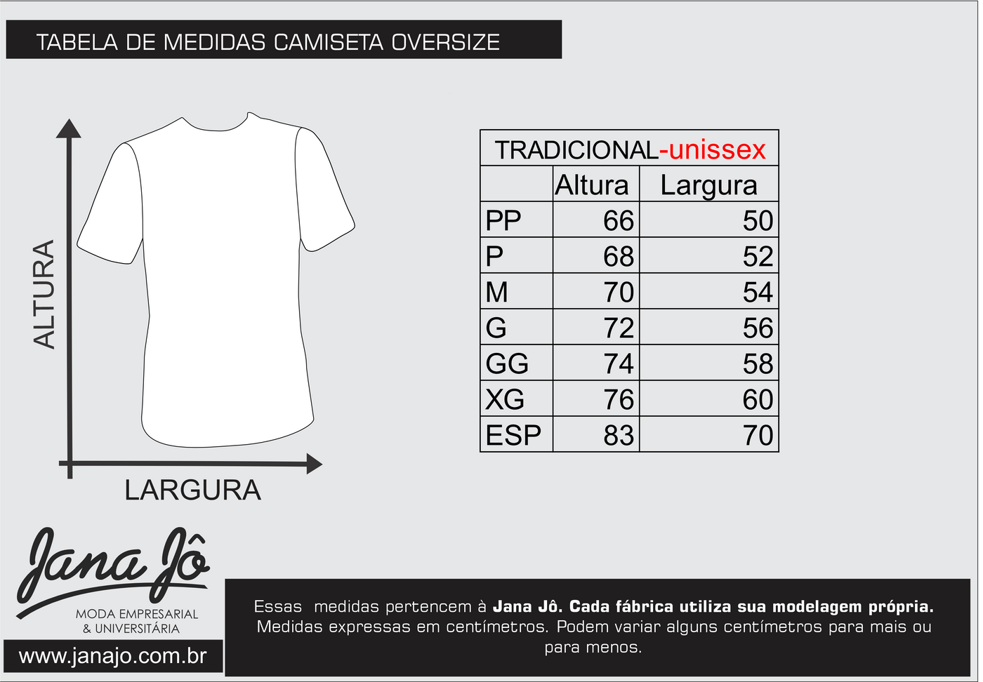 Tabela de medidas Camiseta Oversize — Jana Jô