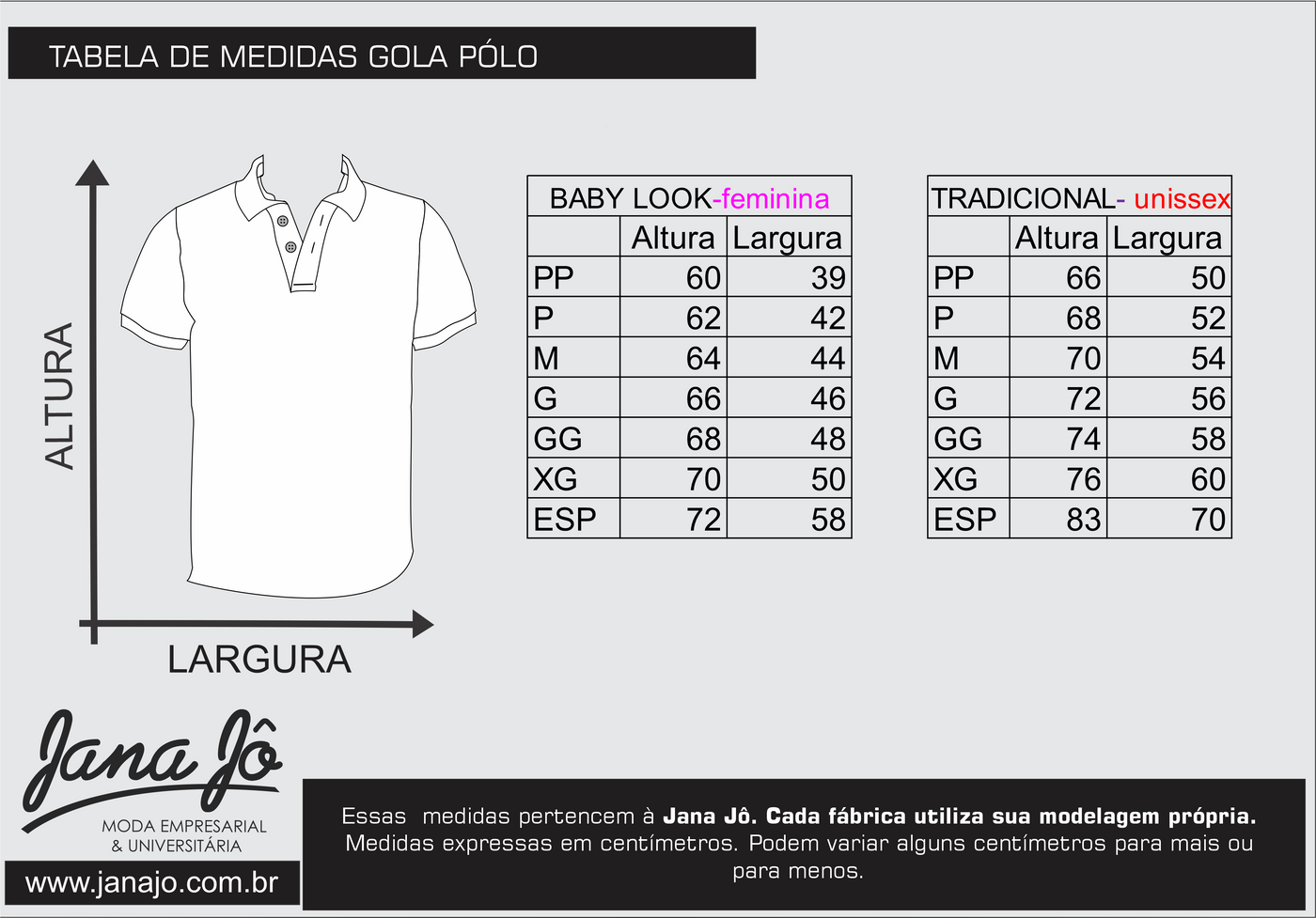 Tabela de medidas Gola Polo — Jana Jô