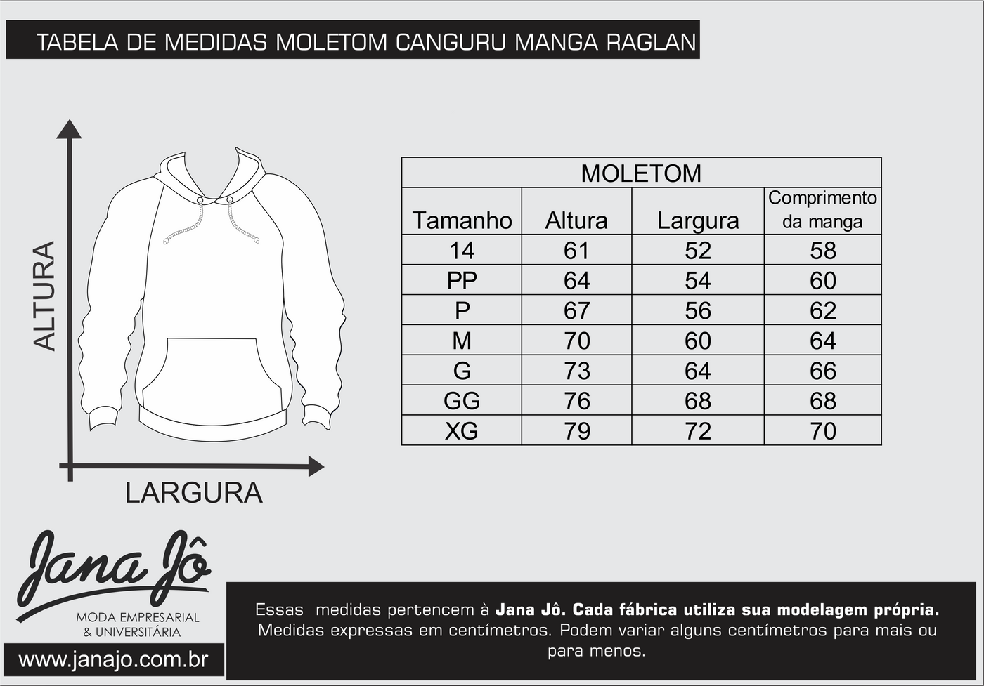Tabela de medidas Moletom Canguru Manga Raglan — Jana Jô