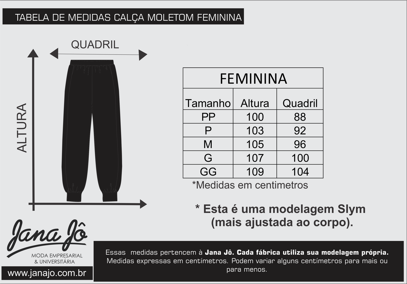Tabela de medidas Calça Moletom Feminina — Jana Jô